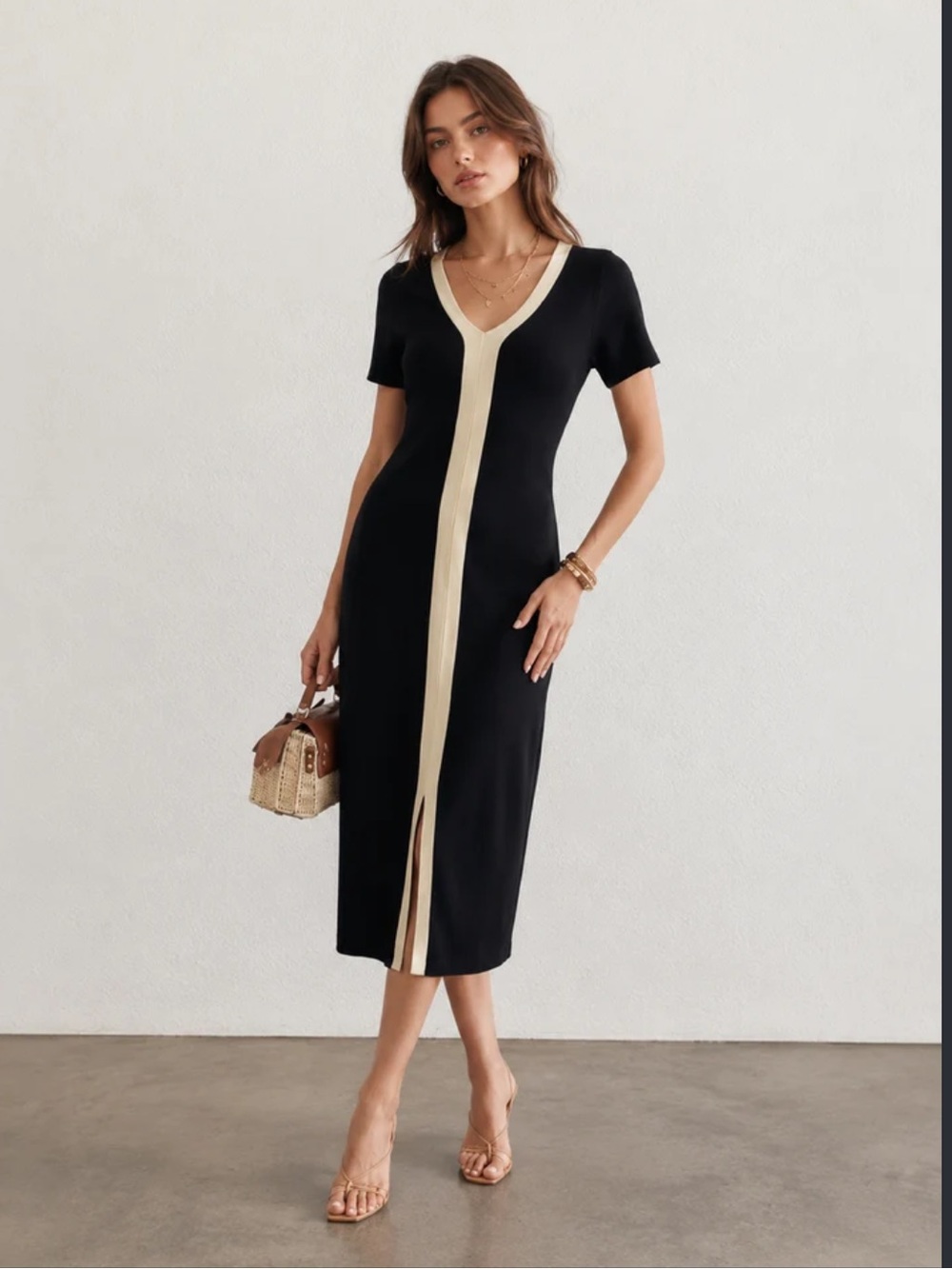 Commense Black Midi Dress with Cream Center Stripe